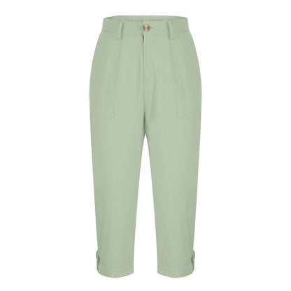 Womens Solid-color Buttoned Roll-up Capri Pants