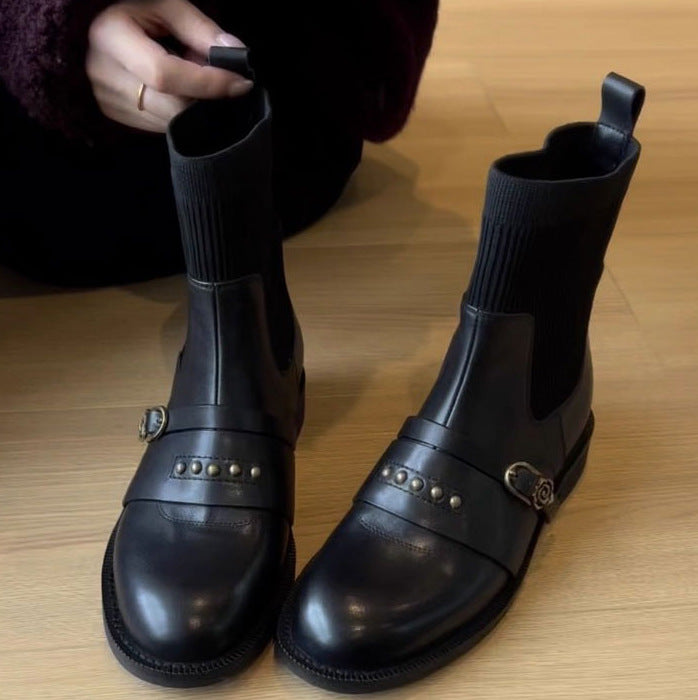 Rivet Belt Buckle Stretch Skinny Black Sock Ankle Boots