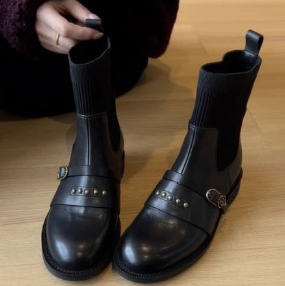 Rivet Belt Buckle Stretch Skinny Black Sock Ankle Boots