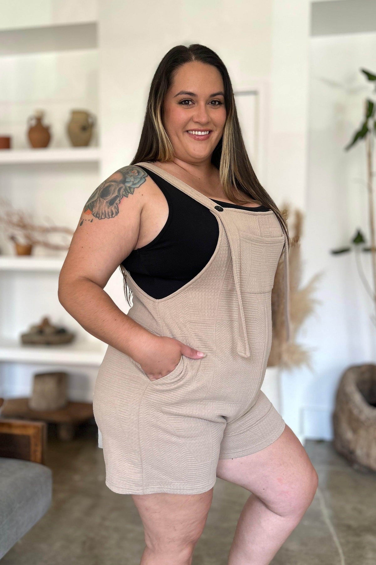 Double Take Full Size Texture Sleeveless Romper for Women