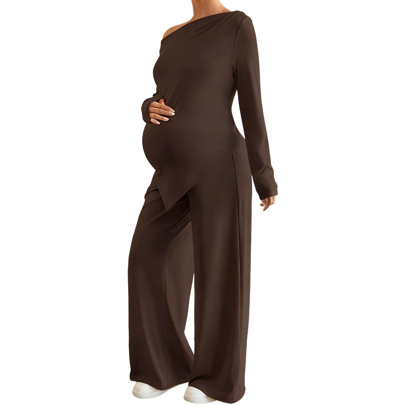 European And American Cross-Border Autumn Maternity One-Shoulder Set With Asymmetrical Hem Wide-Leg Pants Postpartum Casual Two-Piece Set