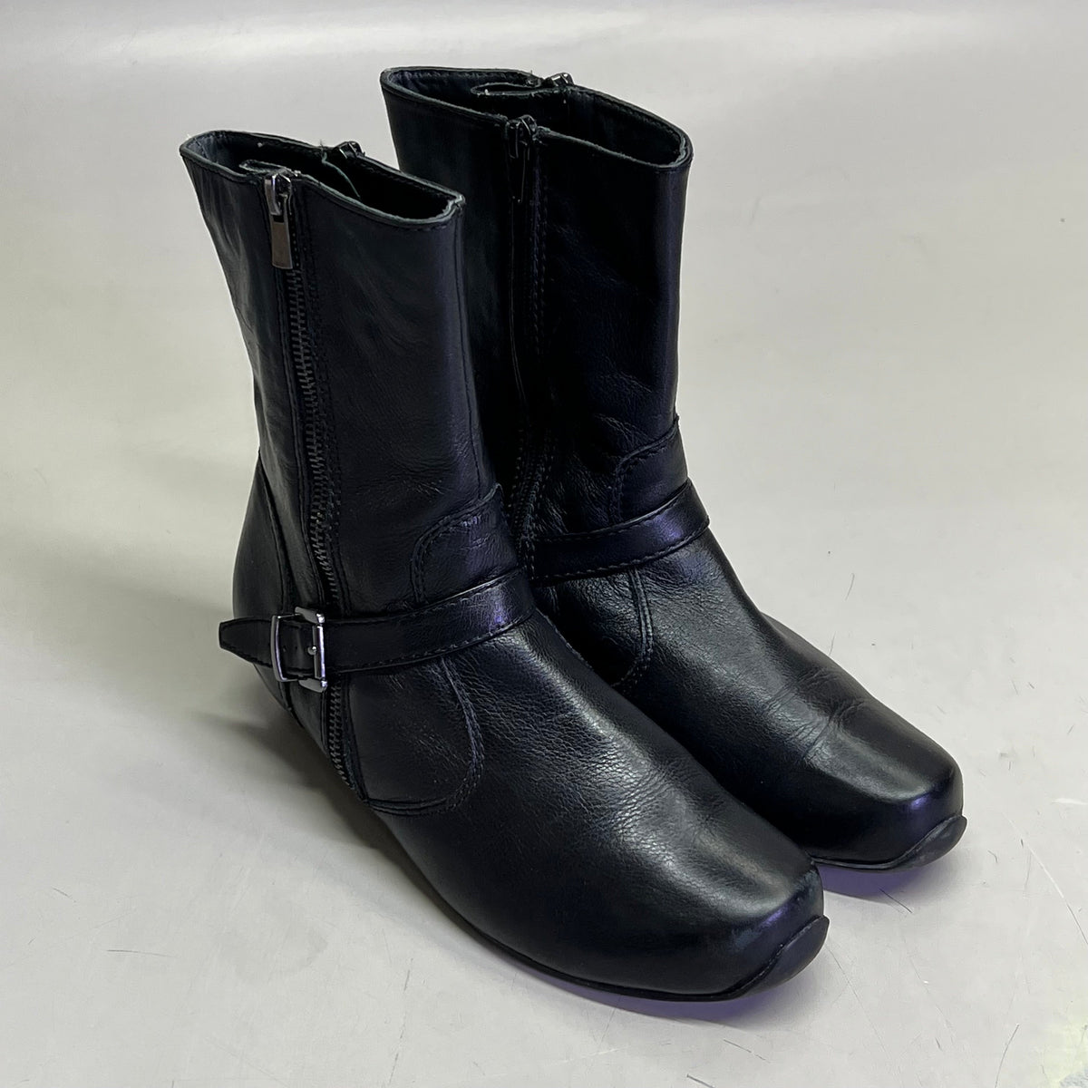 ZIERA Buckle Half Calf Zipper Boot Real Leather Women's Sz 9.5 Black (Pre-Owned)