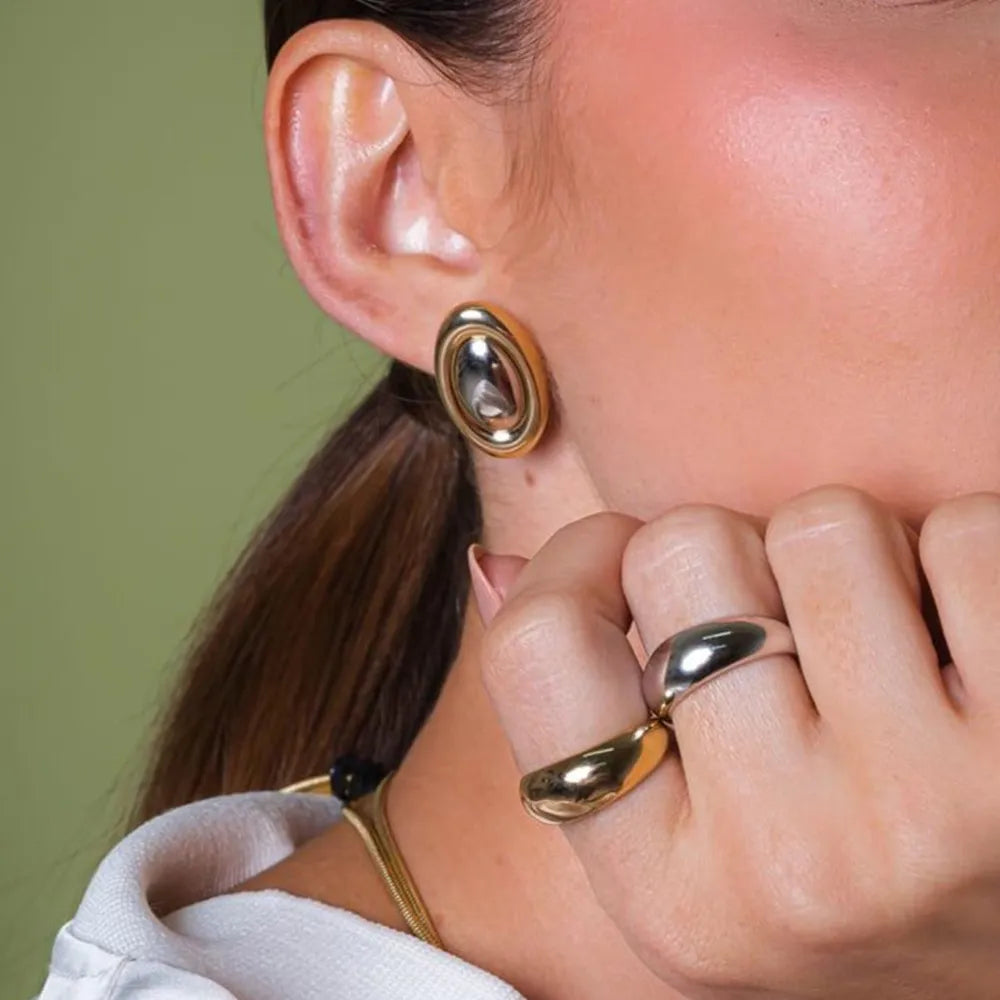 Stainless steel color blocked oval earrings fashionable and versatile titanium steel earrings