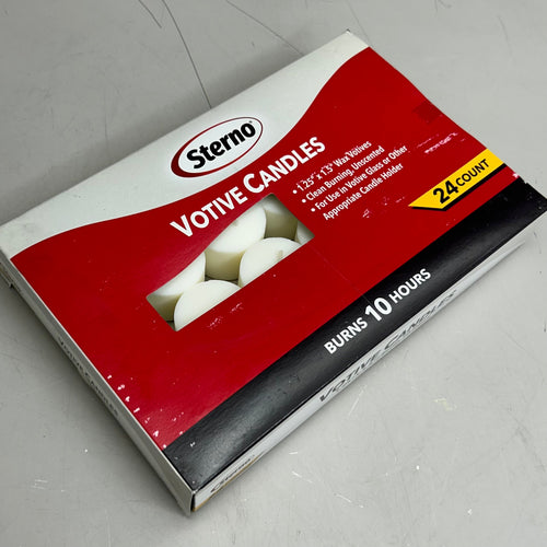 STERNO (24 Count) Votive Unscented Clean Burning Candles  1.25"x1.5" White