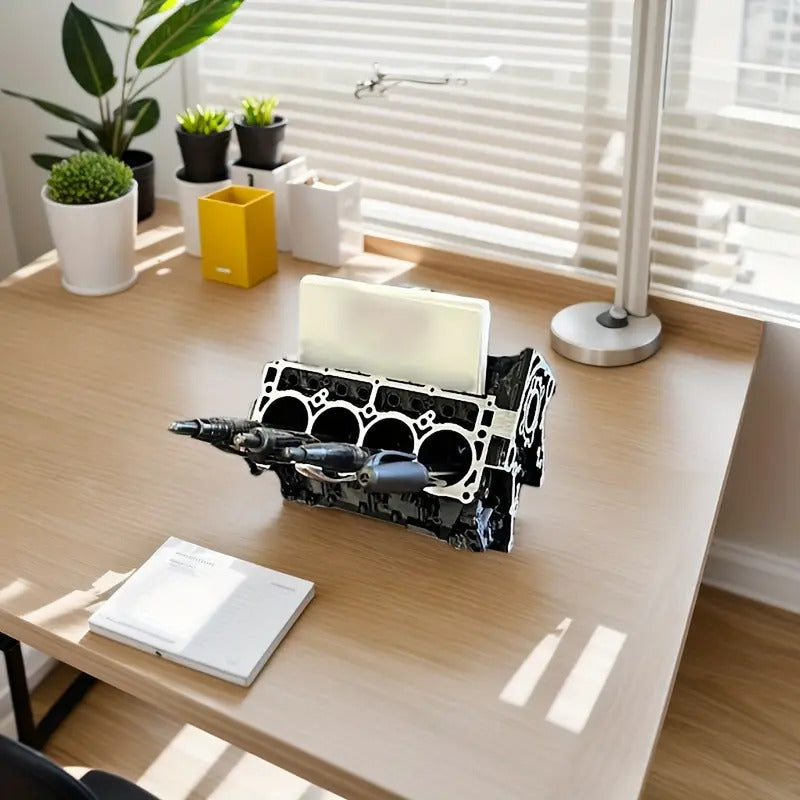 Engine Block Desk Organizer: Modern art for desktop/bookshelf. Holds business cards, a creative office accessory.
