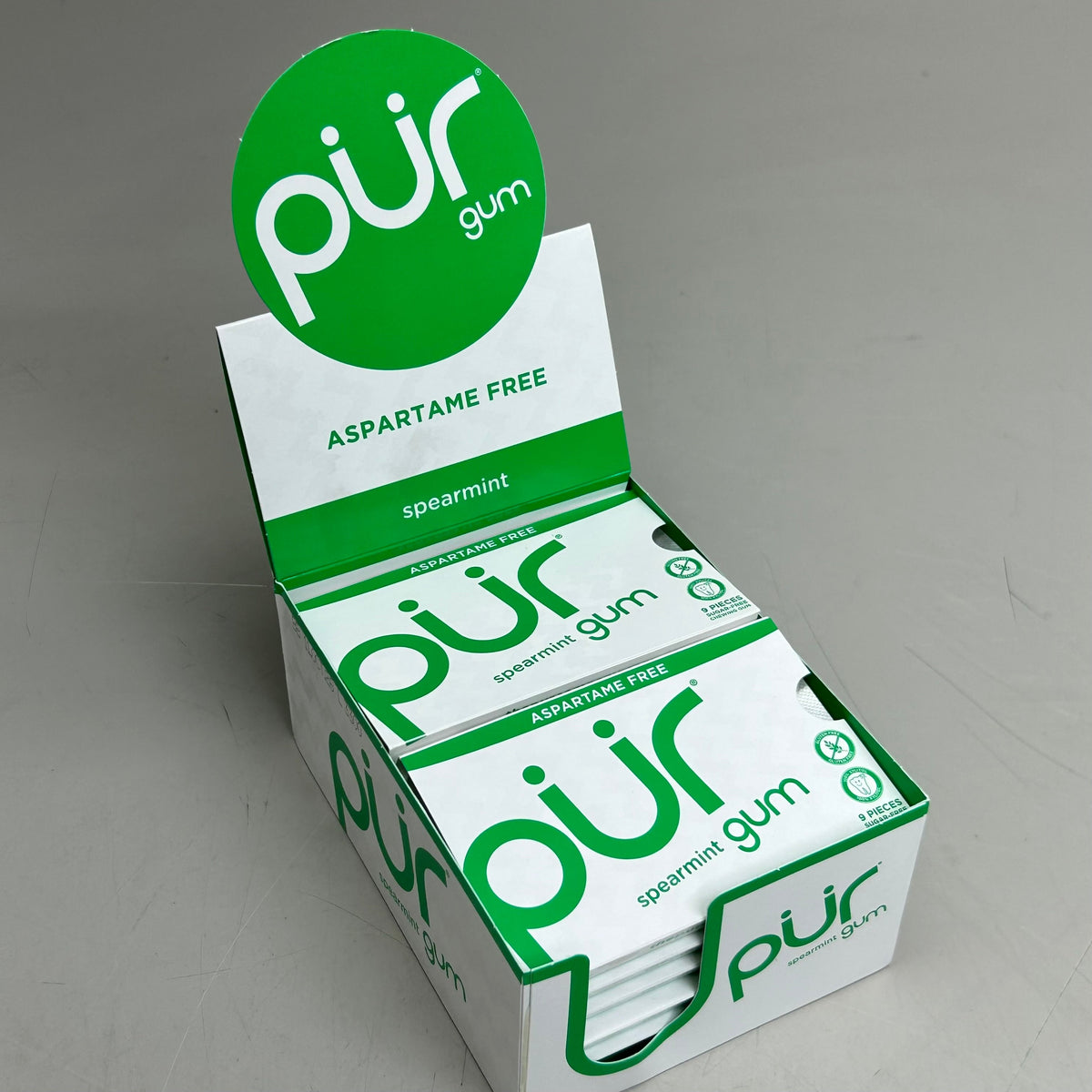 PUR (12 PACK, 9 PCS Each) Sugar Free Spearmint Aspartame Free Chewing Gum