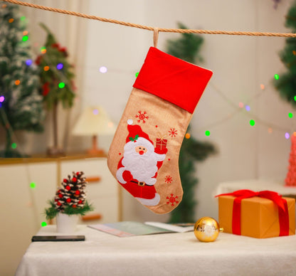 Christmas Decoration Linen Red Bordered Old Man Snowman Christmas Socks Christmas Gift Bag Candy Socks