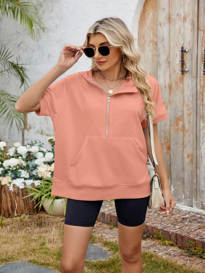 Half Zip Short Sleeve Hooded Top