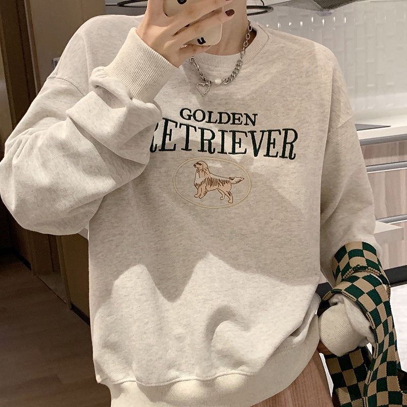 Korean Style Oversize Round-Neck Embroidered Cartoon Long-Sleeve Top
