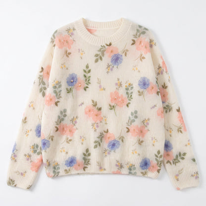 Rhinestone Embellished Floral Mohair-Blend Pullover Sweater