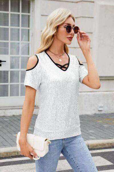 Sequin Crisscross V-Neck Cold Shoulder Blouse for Women
