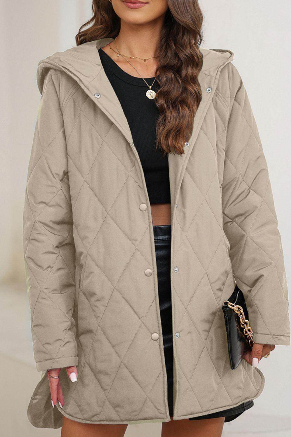 Snap Down Long Sleeve Quilted Winter Coat for Women