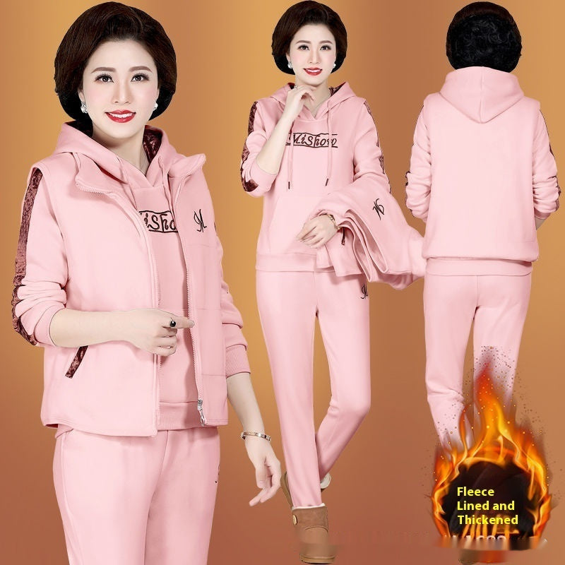 Middle-aged Mom Fleece-lined Thickened Sportswear Suit For Women