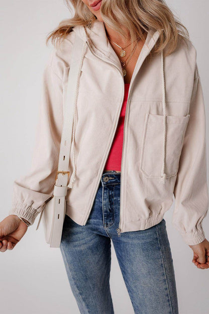 Corduroy Zip Up Long Sleeve Hooded Jacket for Women