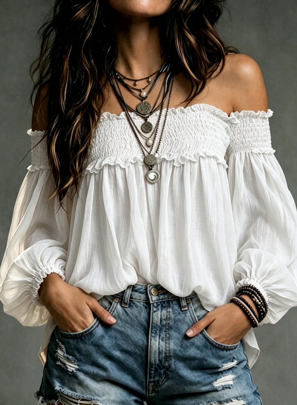 Womens Solid-color Off-shoulder Casual Smocking Top Shirt
