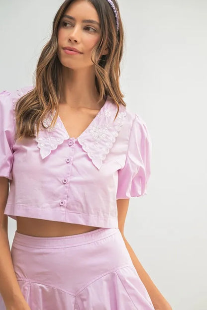 MABLE Puff Sleeve Button Down Top and Bubble Skirt Set