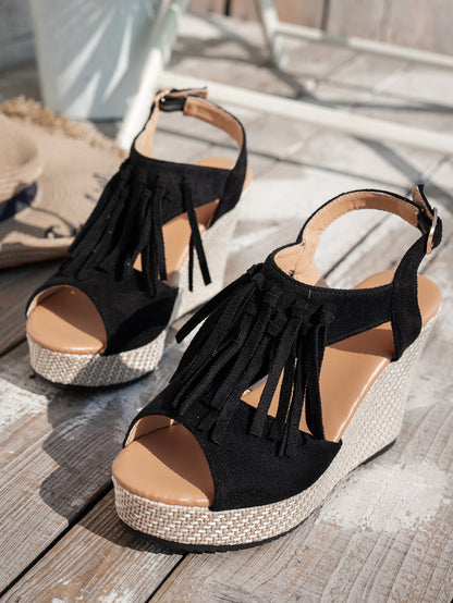Fringe Peep-toe Wedge Sandals For Women