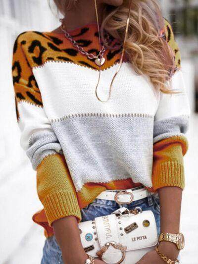 Leopard Color Block Round Neck Long Sleeve Sweater for Women