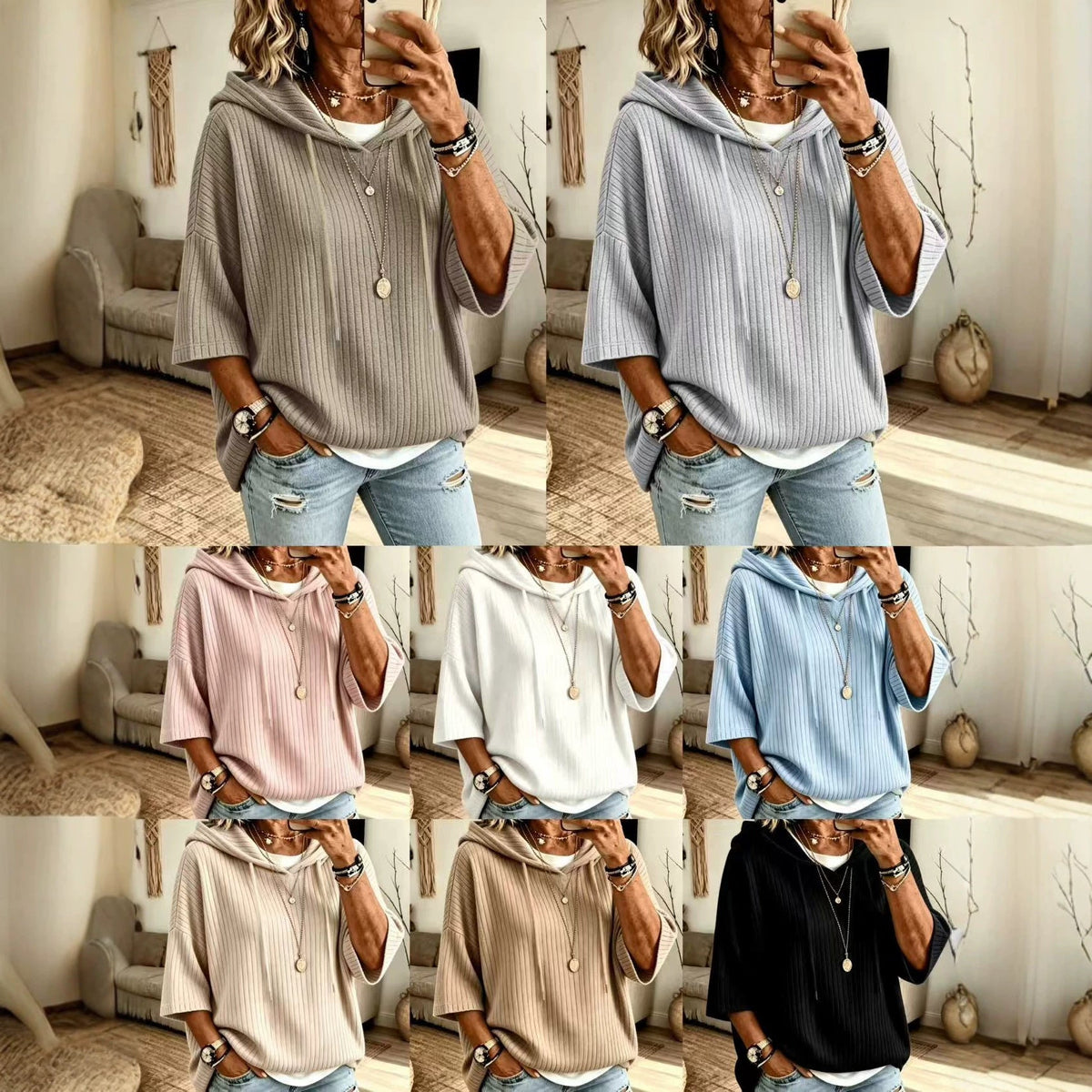 Womens Knitted New-Style Hooded Drawstring Sweatshirt