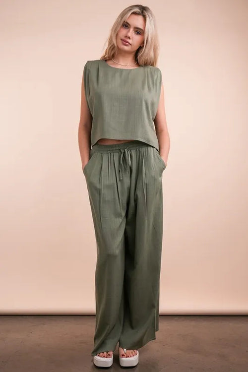 VERY J Solid Woven Top & Pants Set