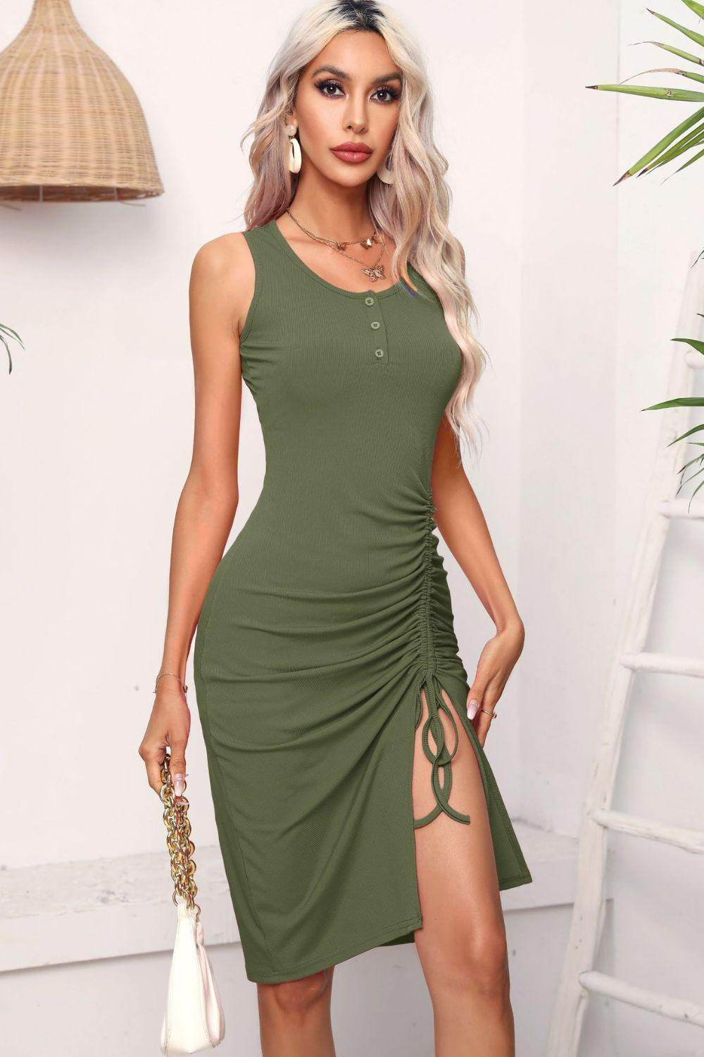 Drawstring Ruched Slit Sleeveless Dress for Chic Style
