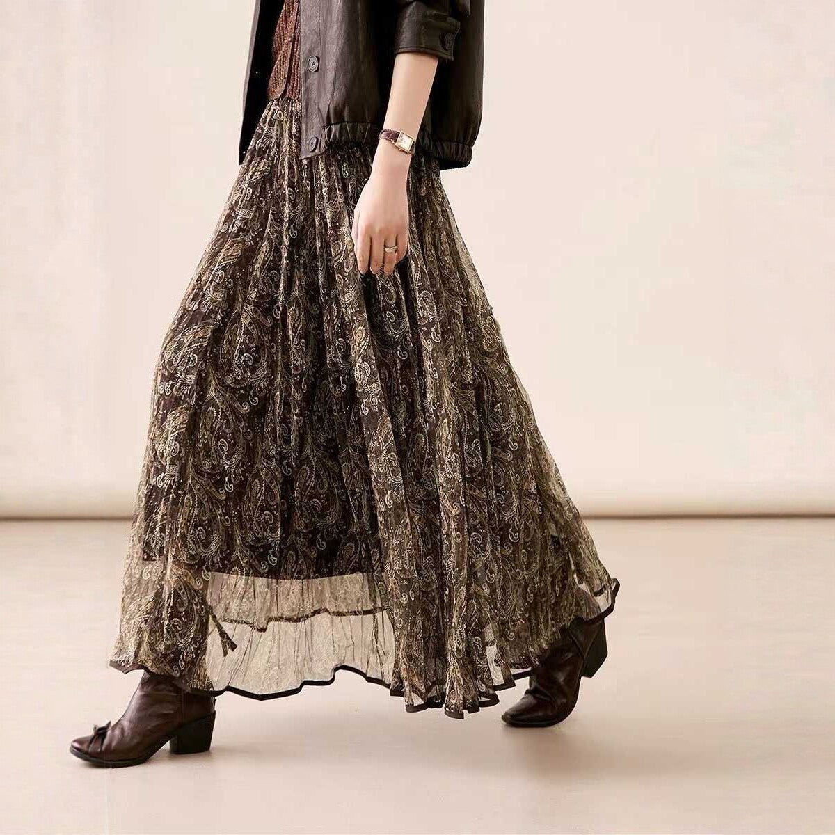 Retro-relaxed Mesh Paisley Pleated Midi Skirt