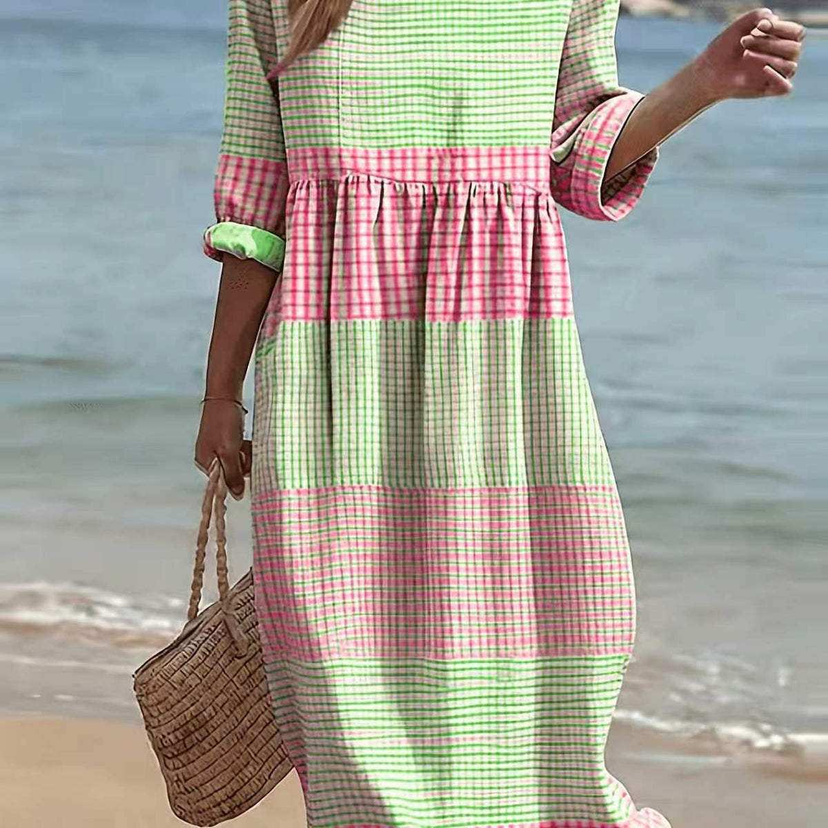 Womens Casual Patchwork Cotton-Linen Dress
