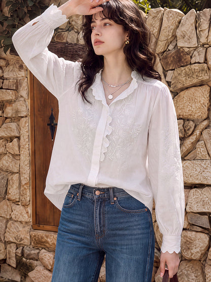 Scalloped Floral Embroidery Long Sleeve Cotton Blouse