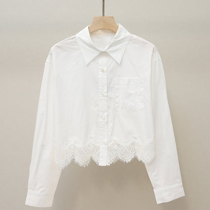 Lapel-neck Lace-panel Long-sleeve Blouse For Women