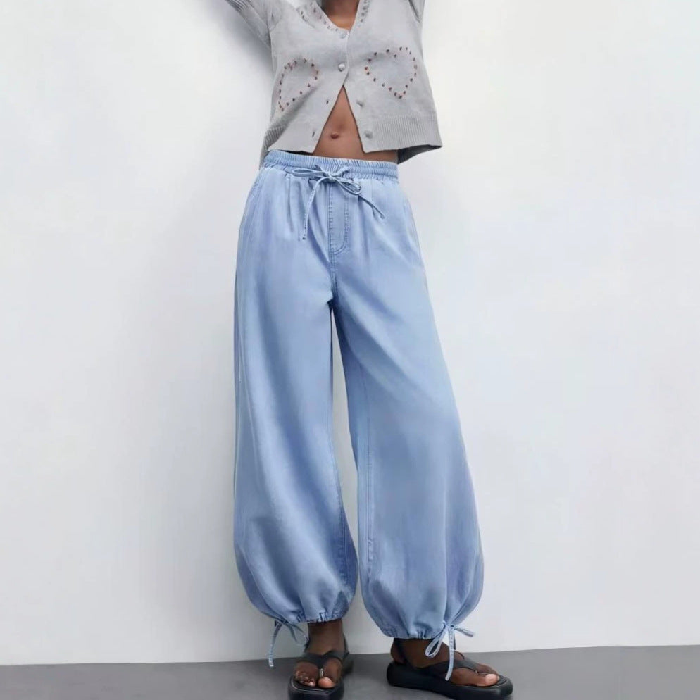 Draping Wide-leg Washed Denim Pants With A Drawstring Elastic Waist And Ankle Cuffs