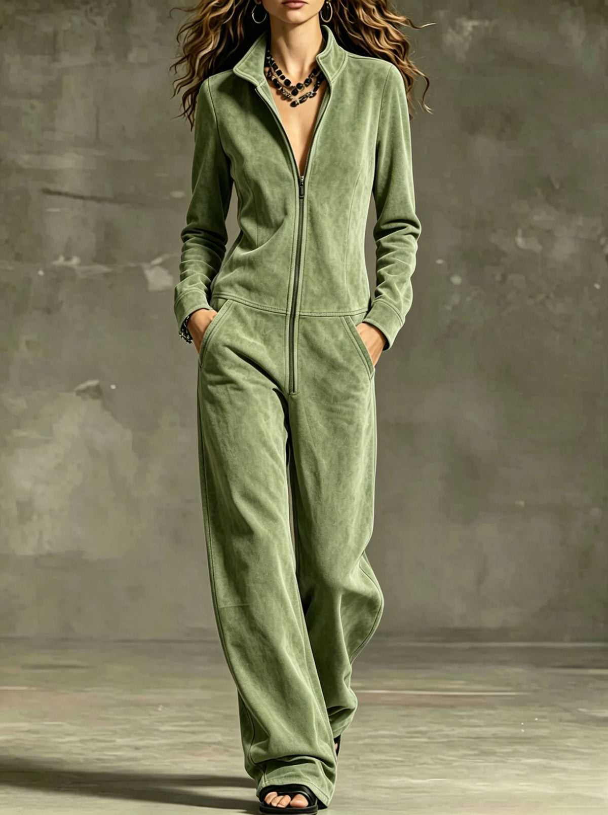 Womens Wide-leg Jumpsuit With Zip Pockets