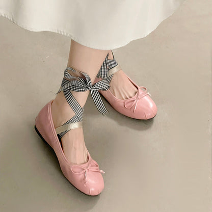 Women Sweet Fairy Gingham Check Ribbon Ankle Wrap Mary Jane Ballet Flats, Split Toe Mini Front Bow Single Strap Soft Leather Convertible Two-Way Wear Casual Daily Picnic Doll Slippers Pastel