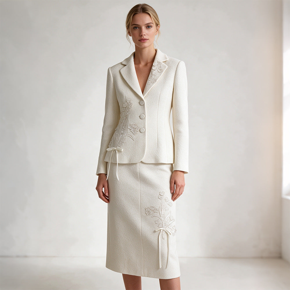 Embroidered Floral Applique Woolen Blazer & Midi Skirt Suit Set