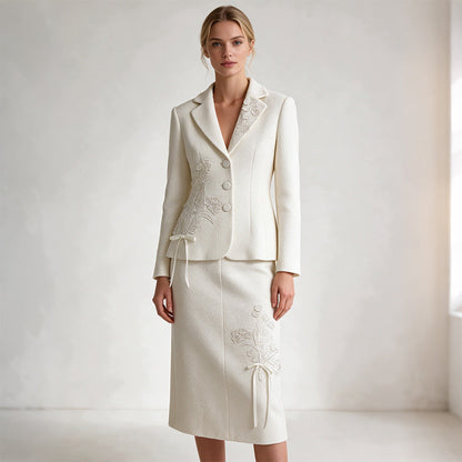 Embroidered Floral Applique Woolen Blazer & Midi Skirt Suit Set