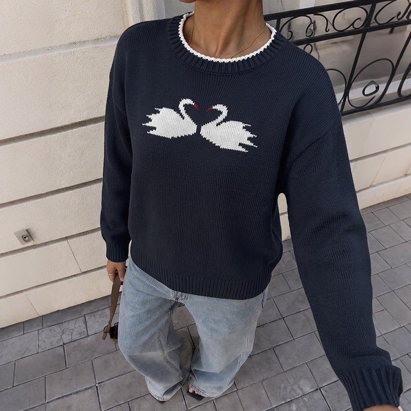 Women's Minimalist Round-neck Loose-fit Pullover Jacquard Color-block Sweater