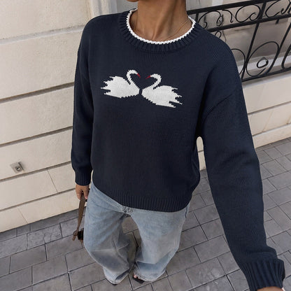Women's Minimalist Round-neck Loose-fit Pullover Jacquard Color-block Sweater