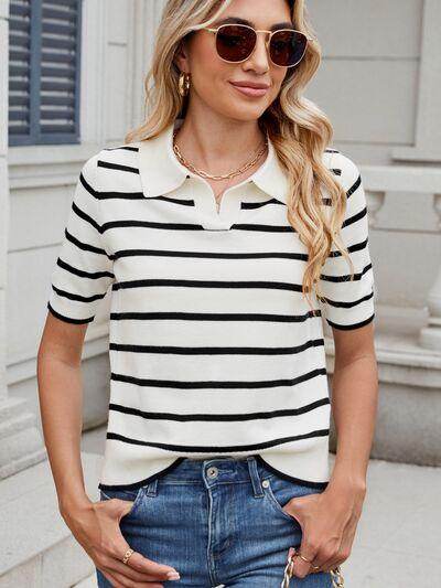 Striped Johnny Collar Short Sleeve Sweater for Women
