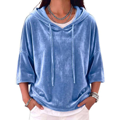 Solid-color Drawstring Three-quarter-sleeve Velvet Hoodie