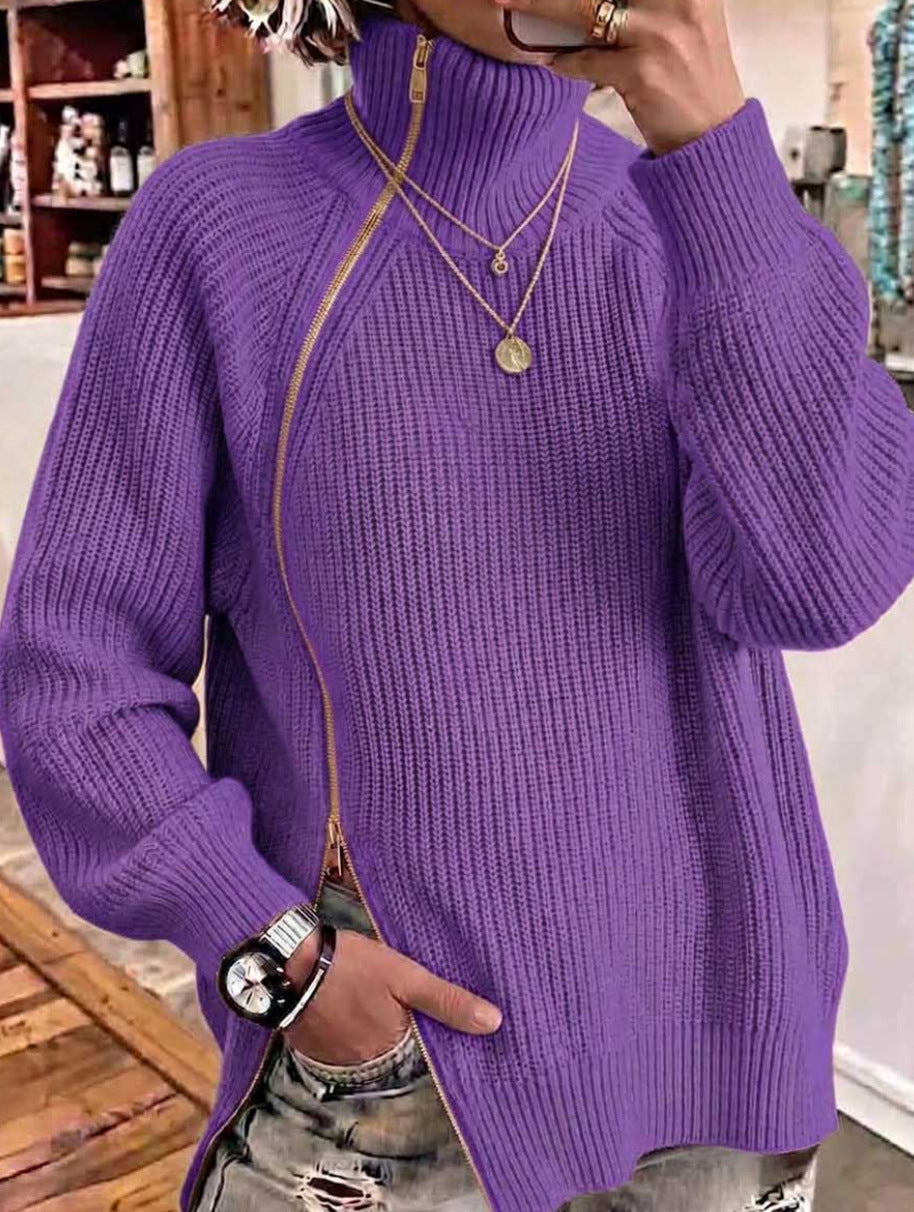 Solid-color Turtleneck Long-sleeve Loose-fit Knit Top With A Side Zipper