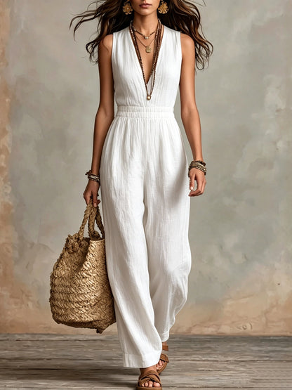 Women's Solid-Color Halter Neck V-Neck Slim-Fit Jumpsuit