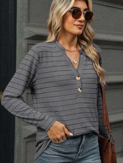 Striped Notched Long Sleeve T-Shirt for Casual Style