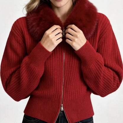 Loose-fitting Knitted Cardigan With A Fur Collar