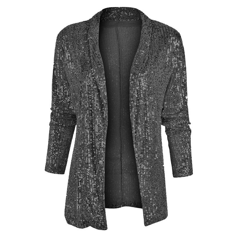 Women's Sequin Long Sleeve Temperament Mid-length Polo Collar Solid Color Coat