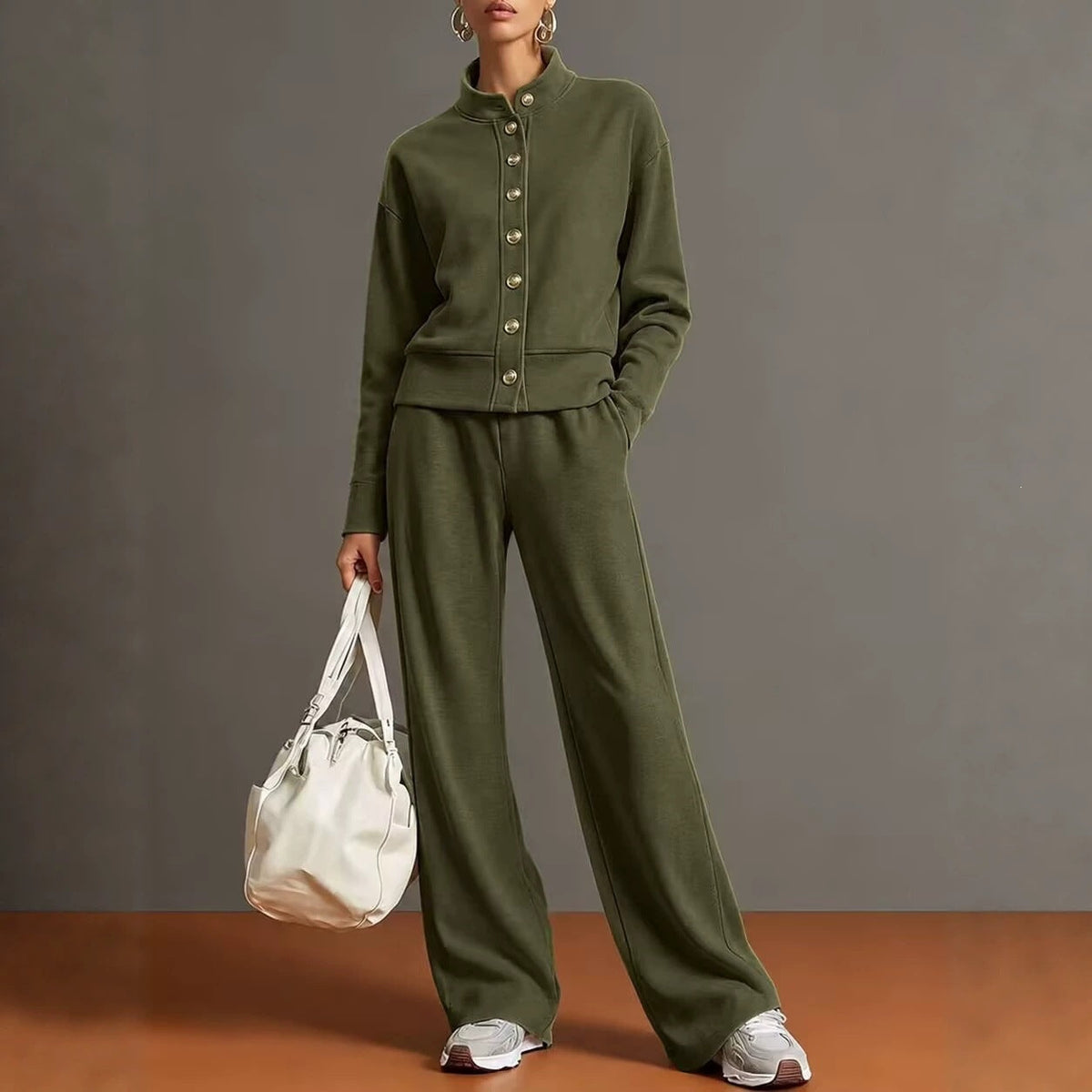Stand-collar Cardigan And Wide-leg Pants Set