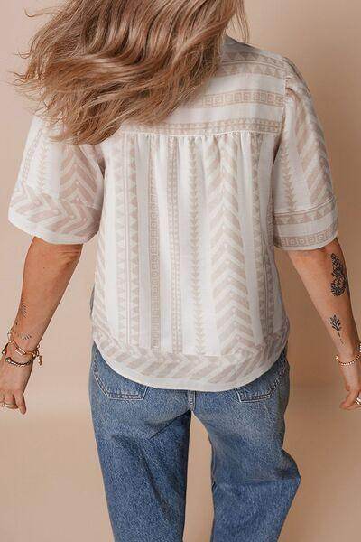 Geometric Jacquard Notched Half Sleeve Blouse for Women
