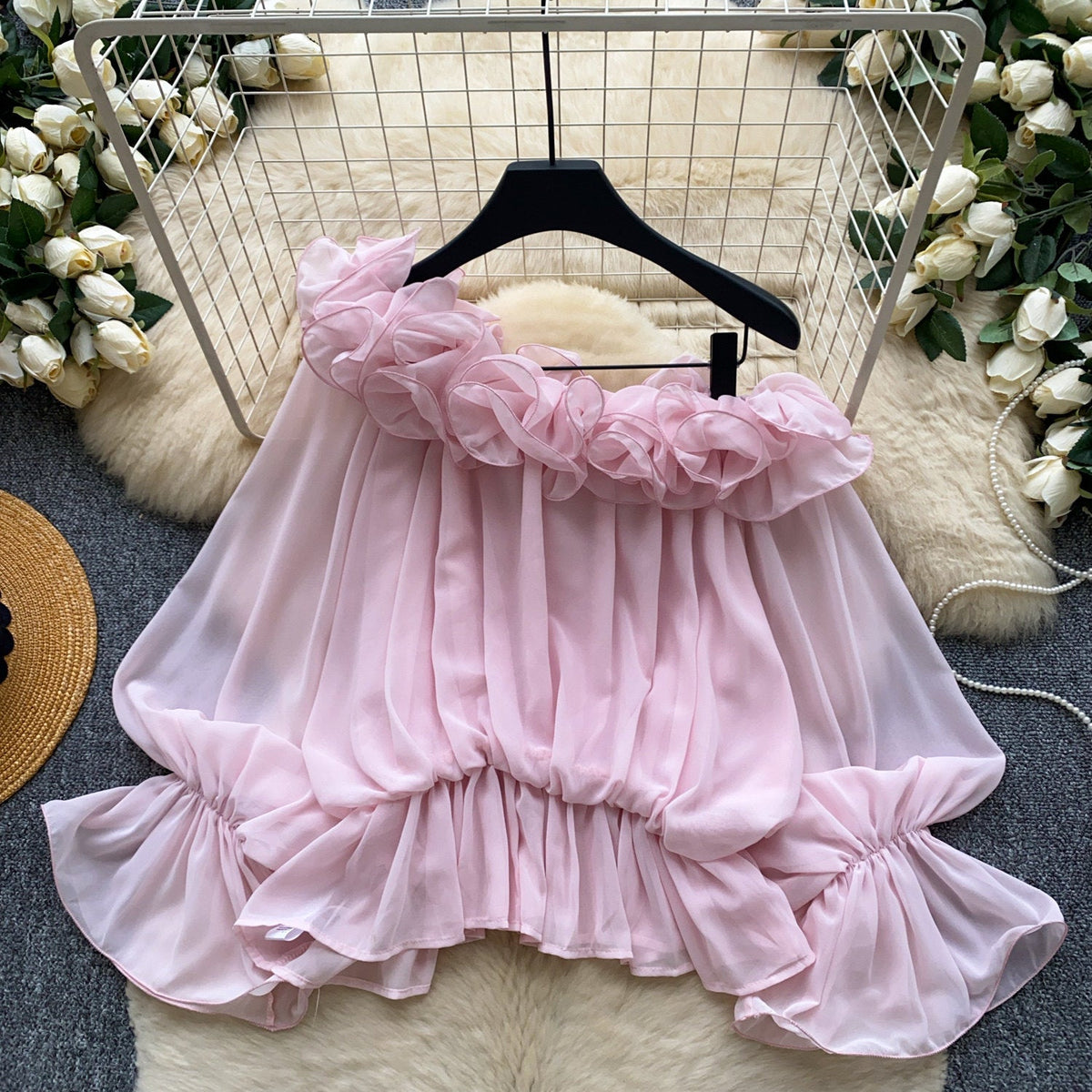 Womens Solid-color Off-shoulder Chiffon Blouse With Ruffled Trim
