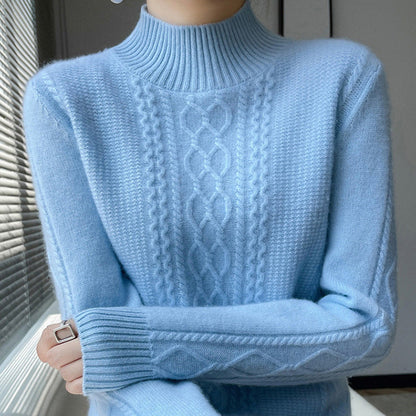 New Fall Winter Women Thick Knit Sweater, Mock Neck Cable Pattern Loose Fit Pullover, Casual Warm Basic Long Sleeve Underwear Top