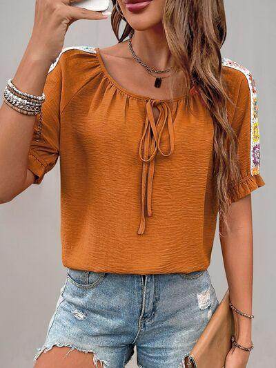 Perfee Tied Crochet Detail Short Sleeve Blouse for Women