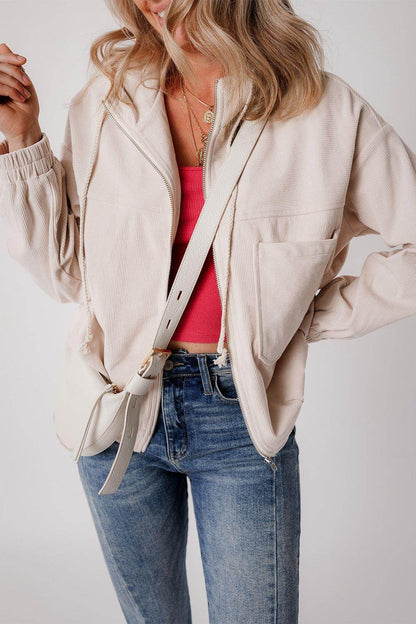 Corduroy Zip Up Long Sleeve Hooded Jacket for Women