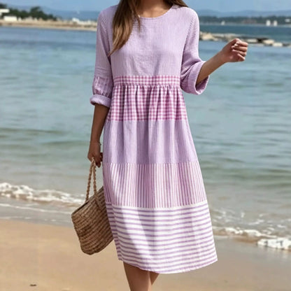 Womens Casual Patchwork Cotton-Linen Dress
